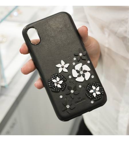 Чохол Swarovski шкіра чорний з квітами для iPhone X/XS